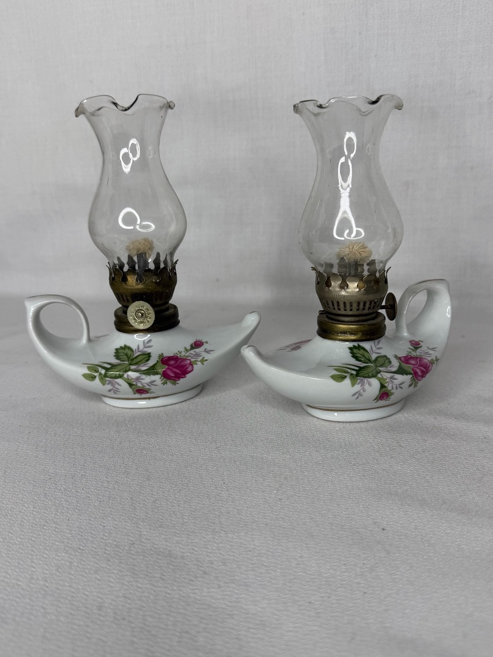 Aladdin Oil Lamps Moss Rose Ceramic Glass Hurricane Globes 6”